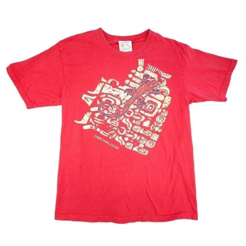 Vintage Cabo San Lucas T Shirt Mens Size Medium Red Aztec Tribal Lizard Gecko